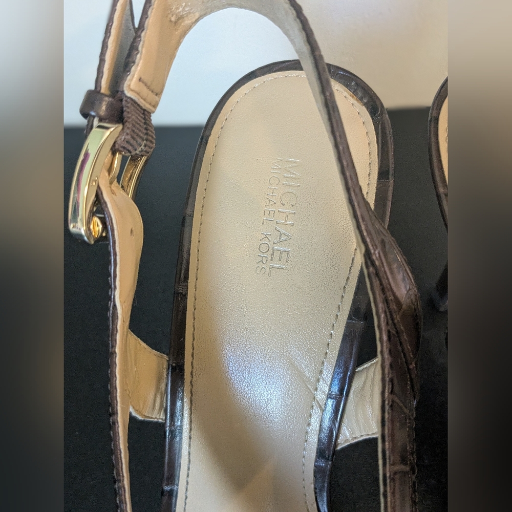 Michael Kors Womens Nutmeg Brown Becky Embossed Leather Sandal Heels - Picture 4 of 16